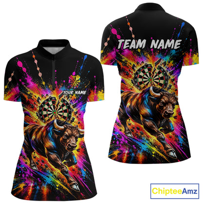 Custom Bull Dart Polo 1/4-Zip Shirt For Women Colorful Splatter Cracked Dartboard Dart Team Tournament NYN4664