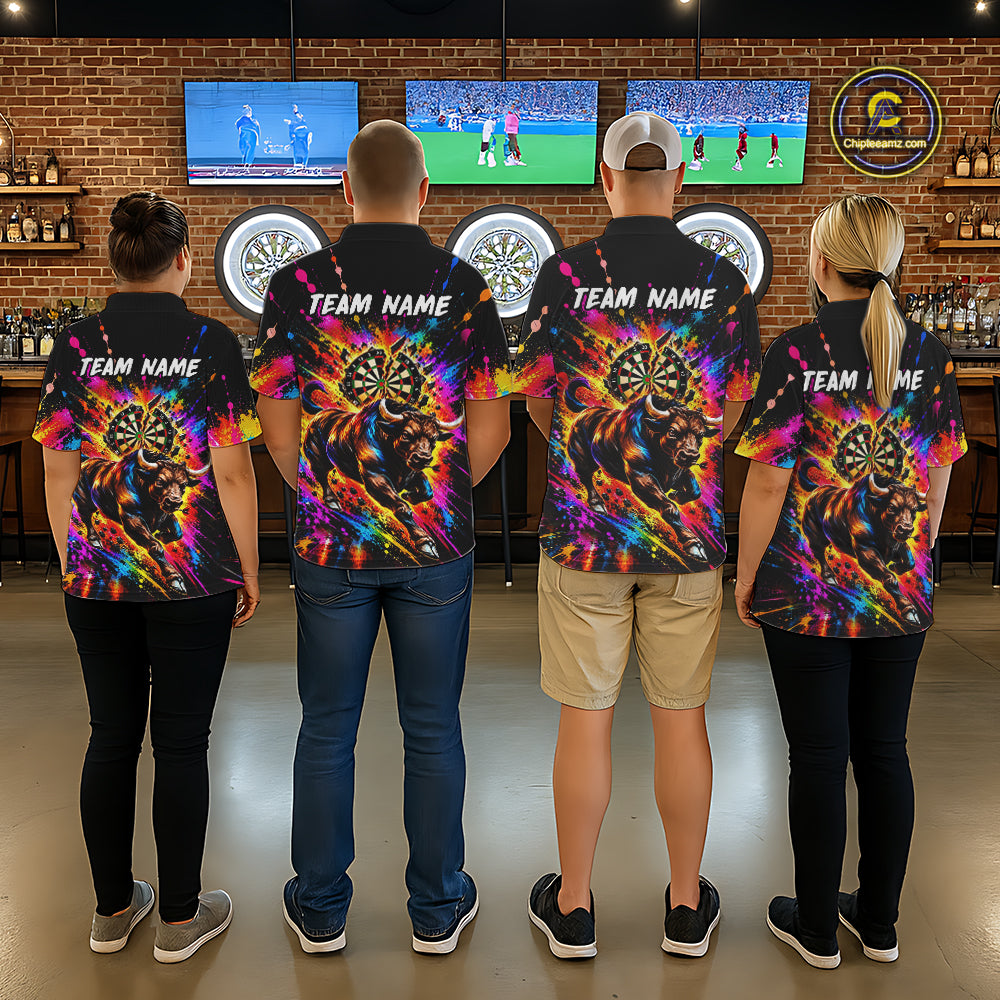 Custom Bull Dart Polo 1/4-Zip Shirt For Men Colorful Splatter Cracked Dartboard Dart Team Tournament NYN4664