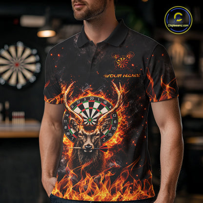 Orange Flaming Deer Dart Polo 1/4-Zip Shirt For Men Personalized Fire Flame Deer Darts Team Tournament NYN4667
