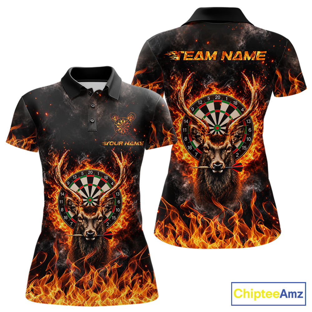 Orange Flaming Deer Dart Polo 1/4-Zip Shirt For Women Personalized Fire Flame Deer Darts Team Tournament NYN4667
