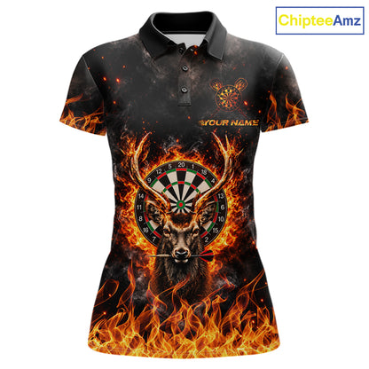 Orange Flaming Deer Dart Polo 1/4-Zip Shirt For Women Personalized Fire Flame Deer Darts Team Tournament NYN4667
