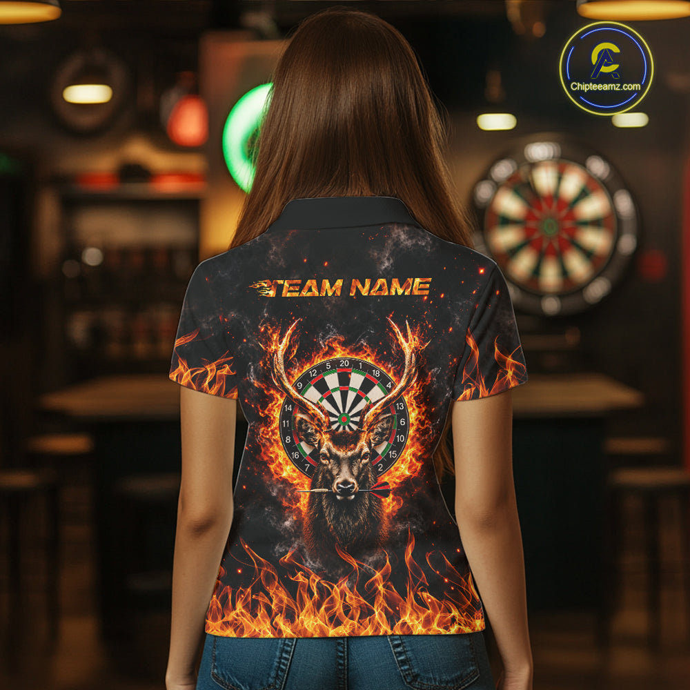 Orange Flaming Deer Dart Polo 1/4-Zip Shirt For Women Personalized Fire Flame Deer Darts Team Tournament NYN4667