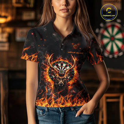 Orange Flaming Deer Dart Polo 1/4-Zip Shirt For Women Personalized Fire Flame Deer Darts Team Tournament NYN4667