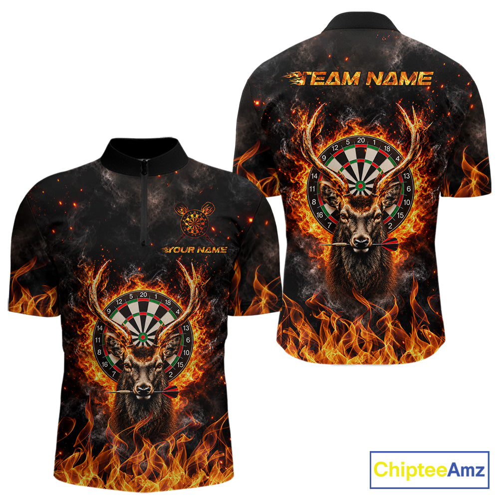 Orange Flaming Deer Dart Polo 1/4-Zip Shirt For Men Personalized Fire Flame Deer Darts Team Tournament NYN4667