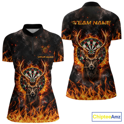 Orange Flaming Deer Dart Polo 1/4-Zip Shirt For Women Personalized Fire Flame Deer Darts Team Tournament NYN4667