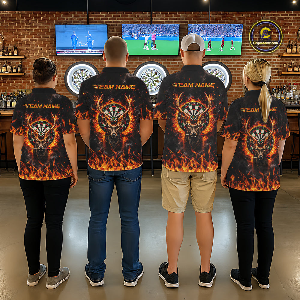 Orange Flaming Deer Dart Polo 1/4-Zip Shirt For Men Personalized Fire Flame Deer Darts Team Tournament NYN4667