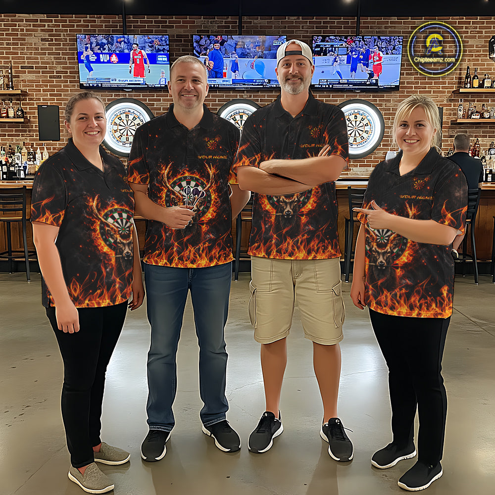 Orange Flaming Deer Dart Polo 1/4-Zip Shirt For Men Personalized Fire Flame Deer Darts Team Tournament NYN4667