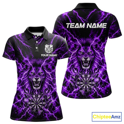 Crown Lion Dart Polo 1/4-Zip Shirt For Women Custom Purple Flaming Lightning Darts Team Tournament NYN4669