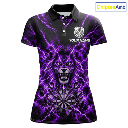 Crown Lion Dart Polo 1/4-Zip Shirt For Women Custom Purple Flaming Lightning Darts Team Tournament NYN4669