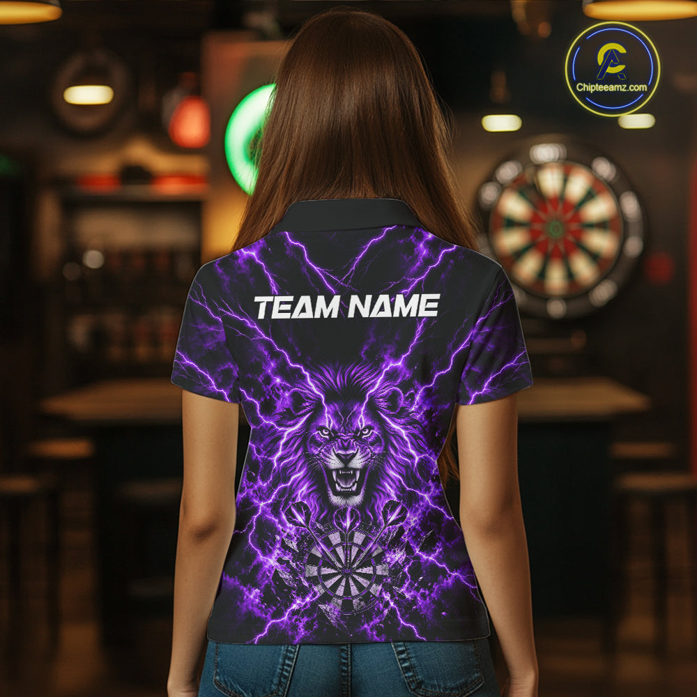 Crown Lion Dart Polo 1/4-Zip Shirt For Women Custom Purple Flaming Lightning Darts Team Tournament NYN4669