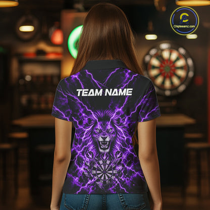 Crown Lion Dart Polo 1/4-Zip Shirt For Women Custom Purple Flaming Lightning Darts Team Tournament NYN4669