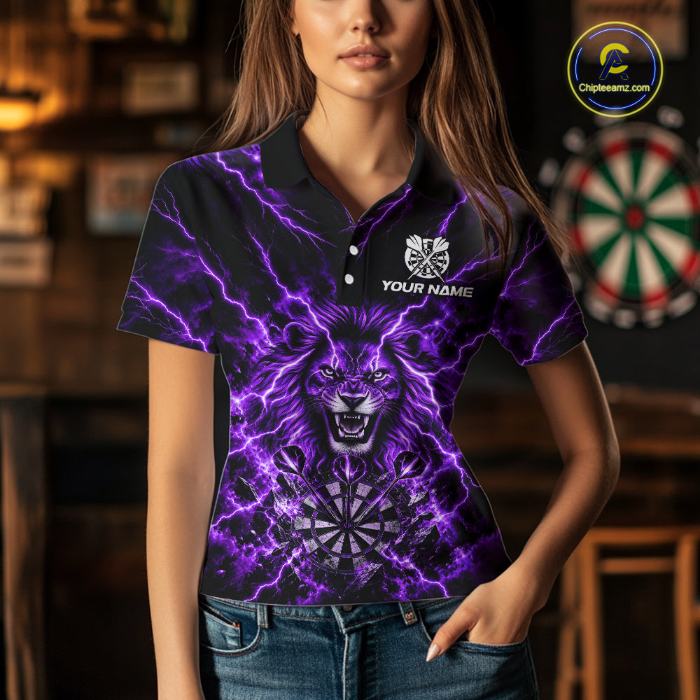 Crown Lion Dart Polo 1/4-Zip Shirt For Women Custom Purple Flaming Lightning Darts Team Tournament NYN4669