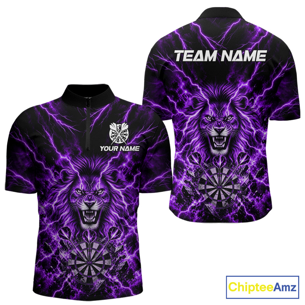 Crown Lion Dart Polo 1/4-Zip Shirt For Men Custom Purple Flaming Lightning Darts Team Tournament NYN4669