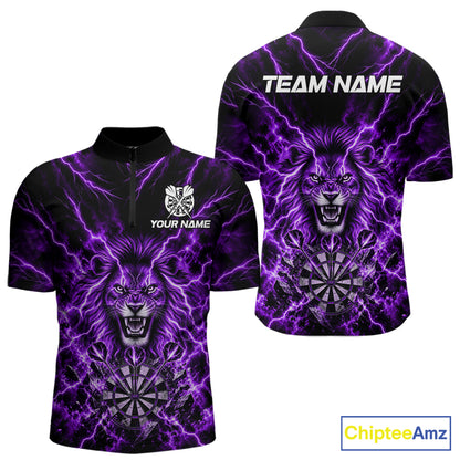 Crown Lion Dart Polo 1/4-Zip Shirt For Men Custom Purple Flaming Lightning Darts Team Tournament NYN4669