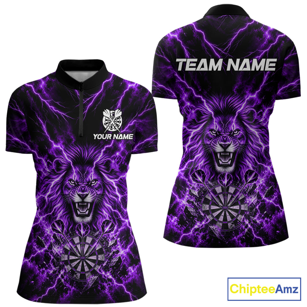 Crown Lion Dart Polo 1/4-Zip Shirt For Women Custom Purple Flaming Lightning Darts Team Tournament NYN4669