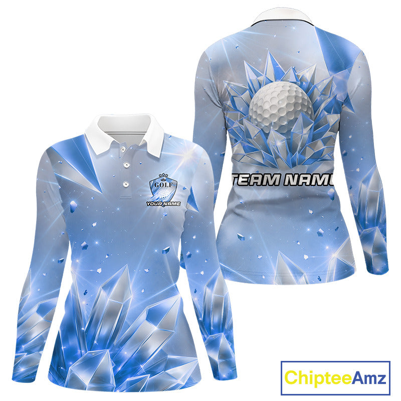 Women Golf Polo Shirt Custom Blue-Diamond Crystal Golf Ball Custom Name Golf Shirts For Team NYN3156