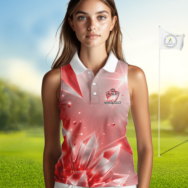 Women Golf Sleeveless Polo Shirt Custom Red-Diamond Crystal Golf Ball Custom Name Golf Shirts For Team NYN3157