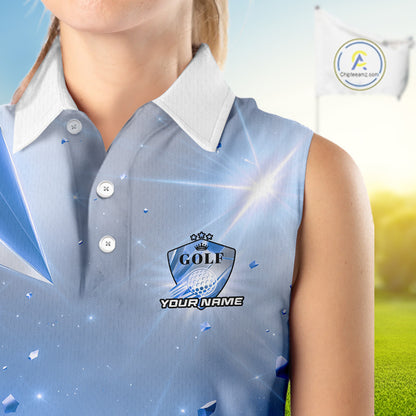Women Golf Sleeveless Polo Shirt Custom Blue-Diamond Crystal Golf Ball Custom Name Golf Shirts For Team NYN3156