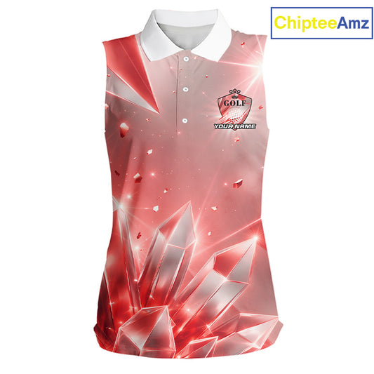 Women Golf Sleeveless Polo Shirt Custom Red-Diamond Crystal Golf Ball Custom Name Golf Shirts For Team NYN3157