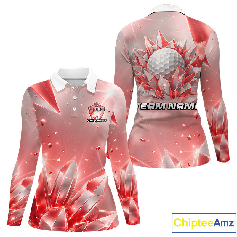 Women Golf Polo Shirt Custom Red-Diamond Crystal Golf Ball Custom Name Golf Shirts For Team NYN3157