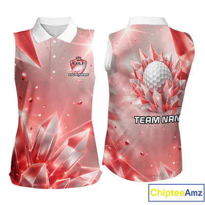 Women Golf Sleeveless Polo Shirt Custom Red-Diamond Crystal Golf Ball Custom Name Golf Shirts For Team NYN3157
