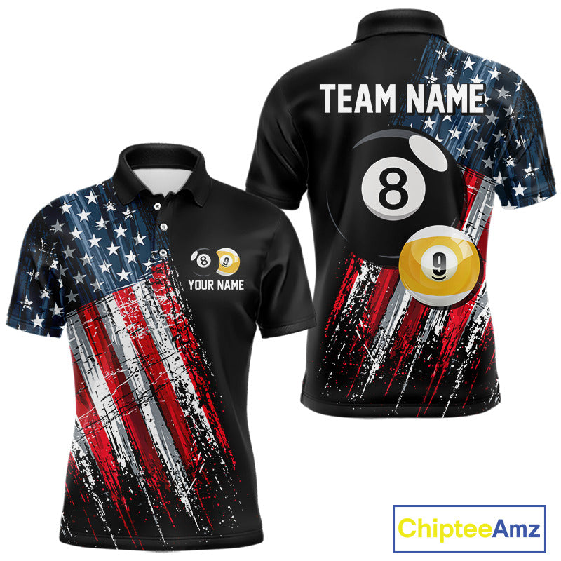 American Flag Grunge Billiard Polo Shirt For Men, Custom 8 Ball And 9 Ball Pool Jersey, Patriotic Billiards Team Apparel