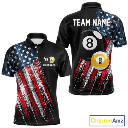 American Flag Grunge Billiard Polo Shirt For Men, Custom 8 Ball And 9 Ball Pool Jersey, Patriotic Billiards Team Apparel