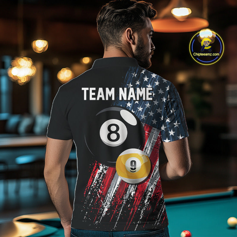 Male Pool Player Wearing American Flag Grunge Billiard Shirt, Custom Patriotic Pool League Apparel