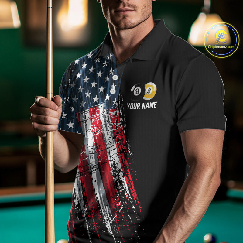Male Pool Player Wearing American Flag Grunge Billiard Shirt, Custom Patriotic Pool League Apparel