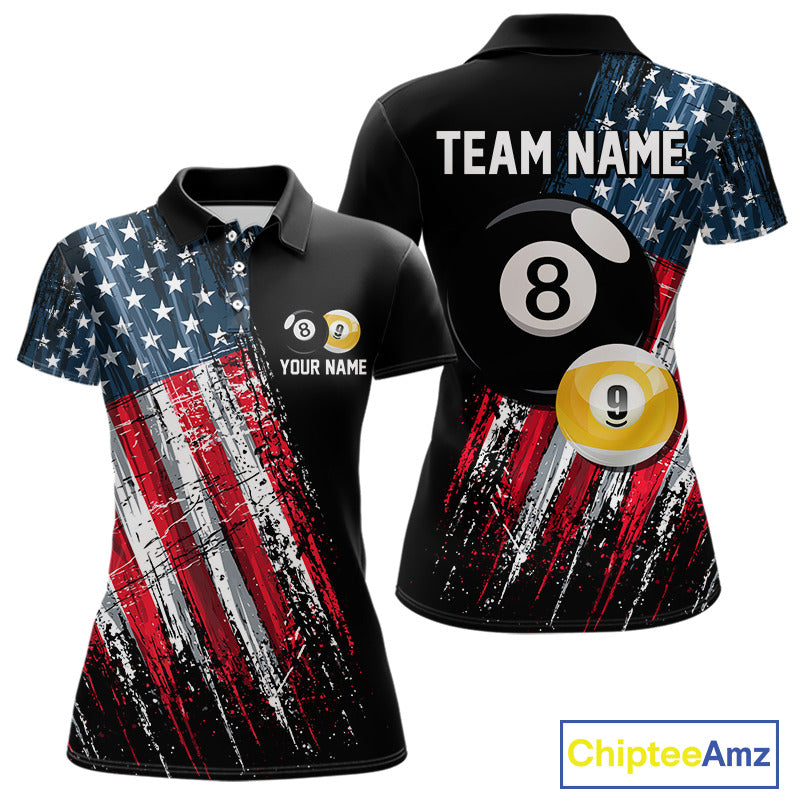 American Flag Grunge Women's Billiard Polo Shirt Custom 8 Ball 9 Ball Pool Team Jersey Patriotic Apparel