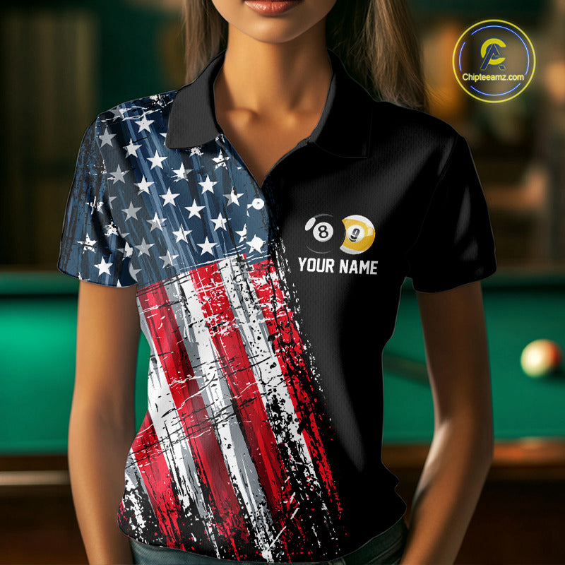 Female billiard player wearing American Flag Grunge custom billiard shirt