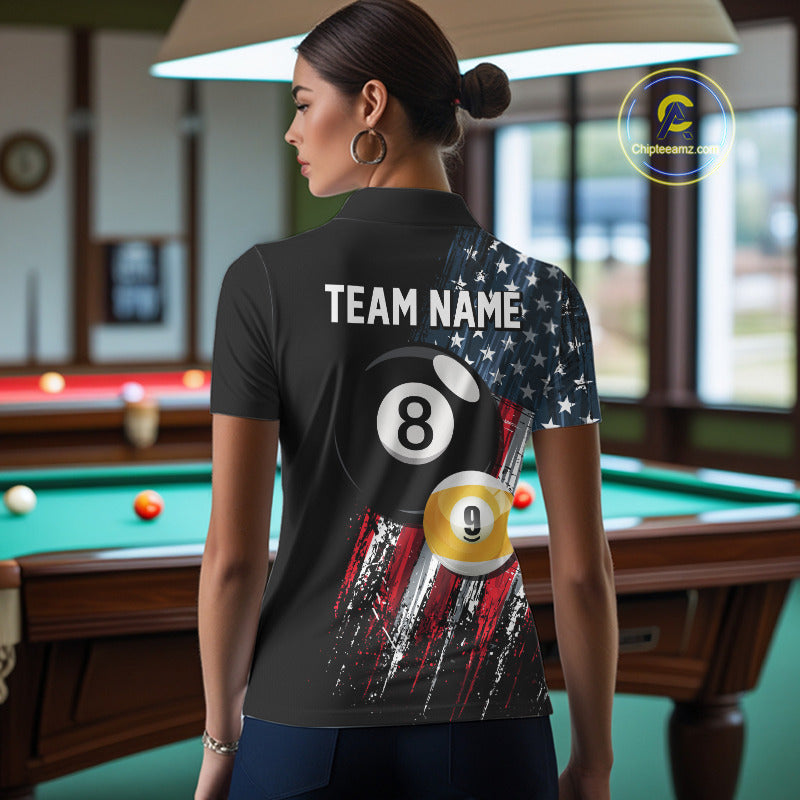 Female billiard player wearing American Flag Grunge custom billiard shirt