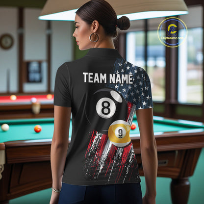 Female billiard player wearing American Flag Grunge custom billiard shirt