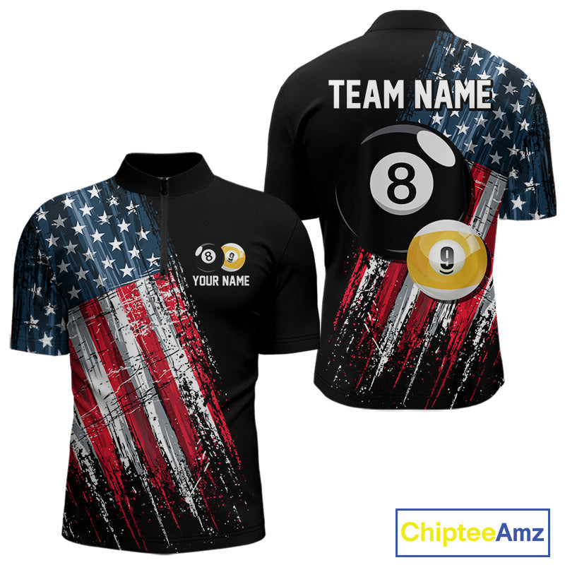 American Flag Grunge Billiard Quarter-Zip Shirt For Men, Personalized Pool Team Uniform, Patriotic Billiards Clothing
