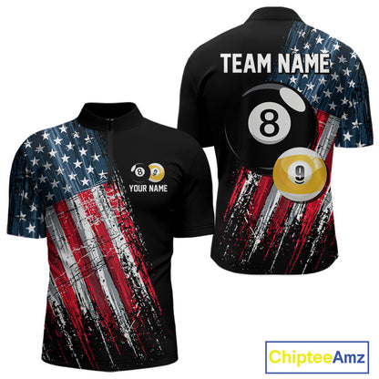 American Flag Grunge Billiard Quarter-Zip Shirt For Men, Personalized Pool Team Uniform, Patriotic Billiards Clothing