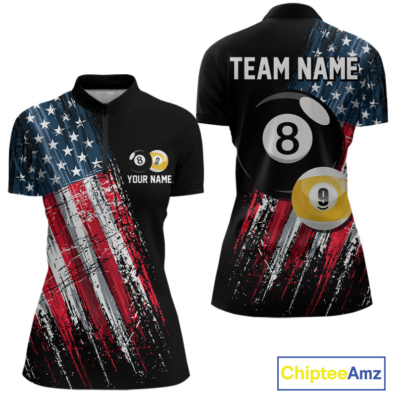 American Flag Grunge Women's Billiard Quarter-Zip Shirt Personalized Pool Team Uniform