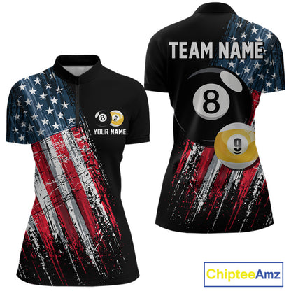 American Flag Grunge Women's Billiard Quarter-Zip Shirt Personalized Pool Team Uniform