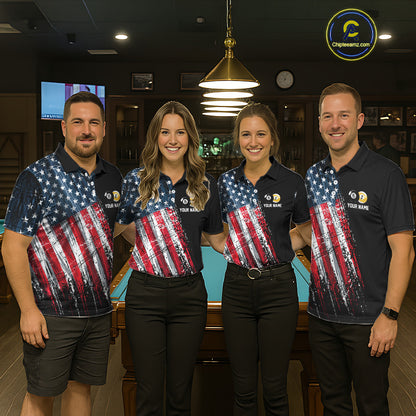 Men women billiard team wearing American Flag Grunge patriotic pool jerseys