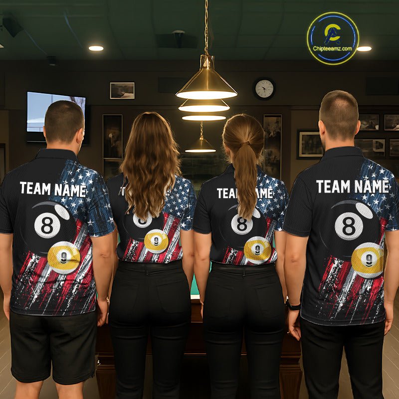 Men women billiard team wearing American Flag Grunge patriotic pool jerseys