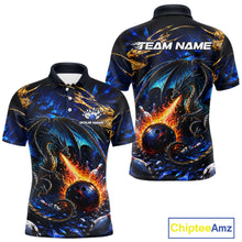 Load image into Gallery viewer, Blue And Gold Dragon Bowling Shirt For Men Custom Fire Flame Polo 1/4-Zip Bowling Team Jersey NYN3644