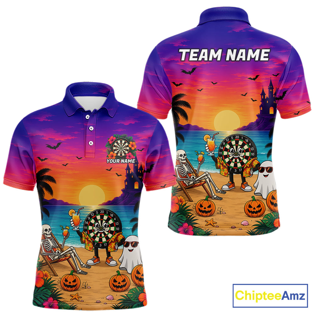 Halloween Skeleton Darts Polo 1/4-Zip Shirt For Men Custom Funny Tropical Darts Team Jersey NYN4256