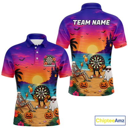 Halloween Skeleton Darts Polo 1/4-Zip Shirt For Men Custom Funny Tropical Darts Team Jersey NYN4256