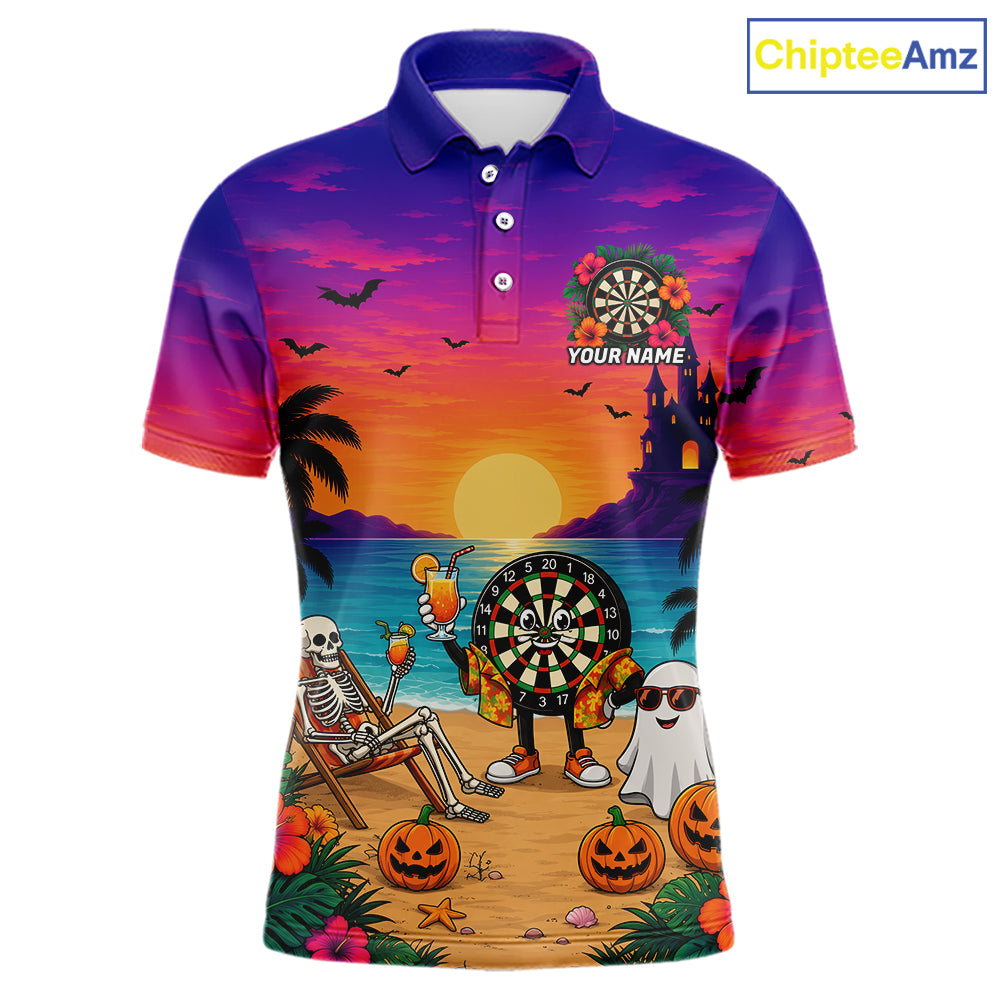Halloween Skeleton Darts Polo 1/4-Zip Shirt For Men Custom Funny Tropical Darts Team Jersey NYN4256