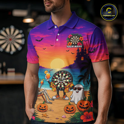 Halloween Skeleton Darts Polo 1/4-Zip Shirt For Men Custom Funny Tropical Darts Team Jersey NYN4256