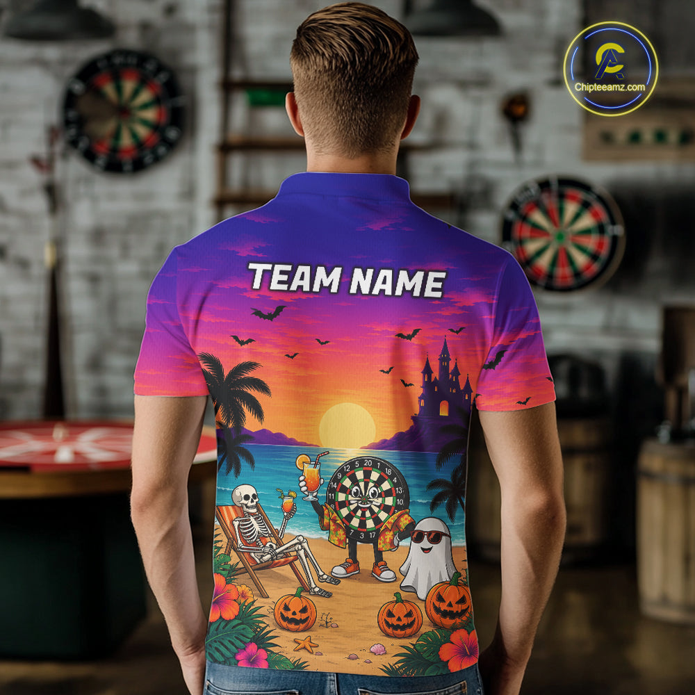 Halloween Skeleton Darts Polo 1/4-Zip Shirt For Men Custom Funny Tropical Darts Team Jersey NYN4256