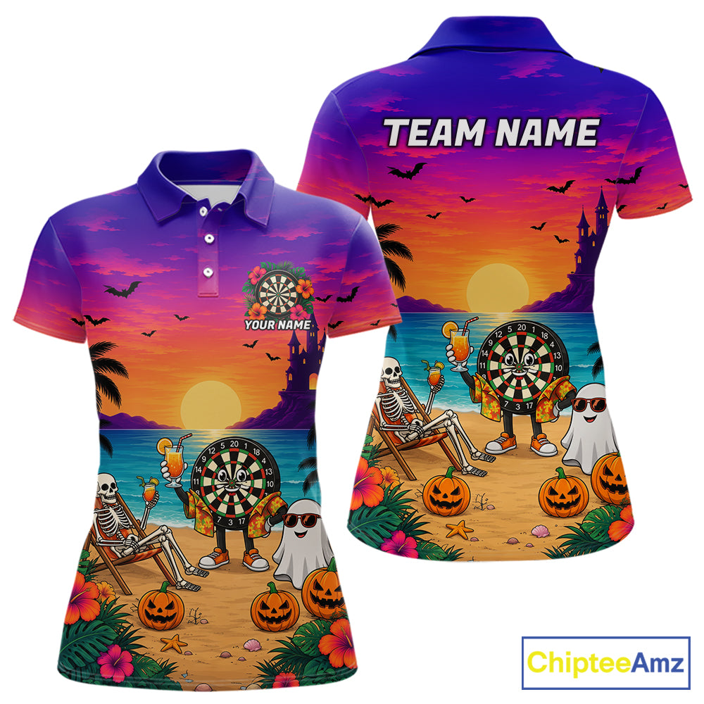 Halloween Skeleton Darts Polo 1/4-Zip Shirt For Women Custom Funny Tropical Darts Team Jersey NYN4256