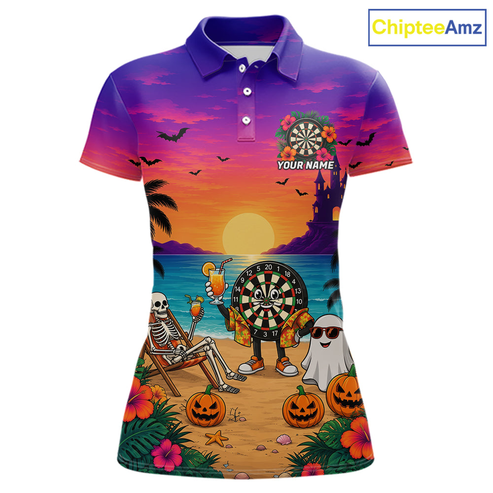 Halloween Skeleton Darts Polo 1/4-Zip Shirt For Women Custom Funny Tropical Darts Team Jersey NYN4256