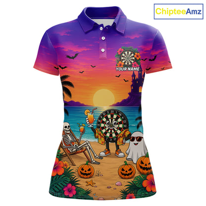 Halloween Skeleton Darts Polo 1/4-Zip Shirt For Women Custom Funny Tropical Darts Team Jersey NYN4256