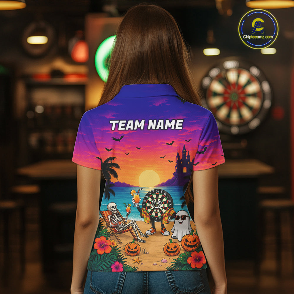 Halloween Skeleton Darts Polo 1/4-Zip Shirt For Women Custom Funny Tropical Darts Team Jersey NYN4256
