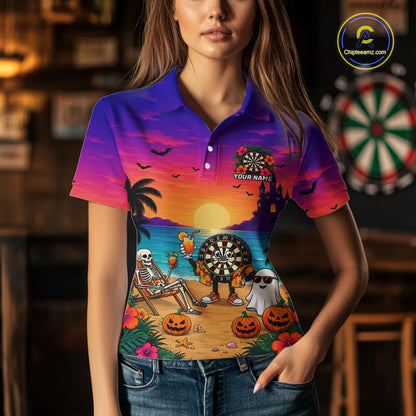 Halloween Skeleton Darts Polo 1/4-Zip Shirt For Women Custom Funny Tropical Darts Team Jersey NYN4256